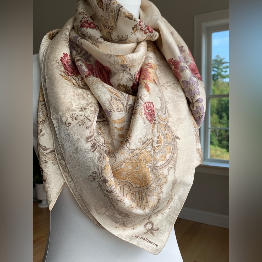 Vintage 100% SILK square scarf. Liz Claiborne. Big brand of the 80s and 90s.